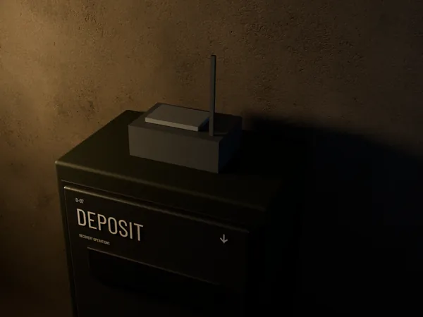 A small black radio with a green light bar on top of a steel safe.
