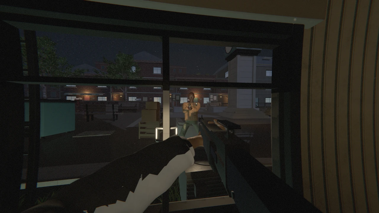 Seen from inside a house, an armed player outside aims back through the front window.